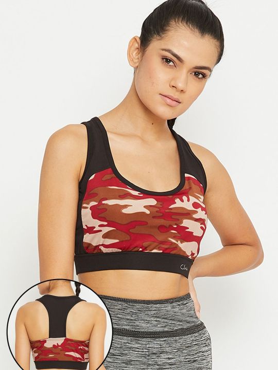 Medium Impact Padded Camouflage Print Racerback Sports Bra in Maroon