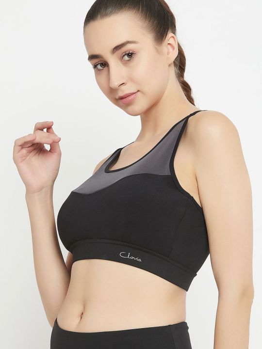 Medium Impact Padded Colourblocked Racerback Sports Bra in Black