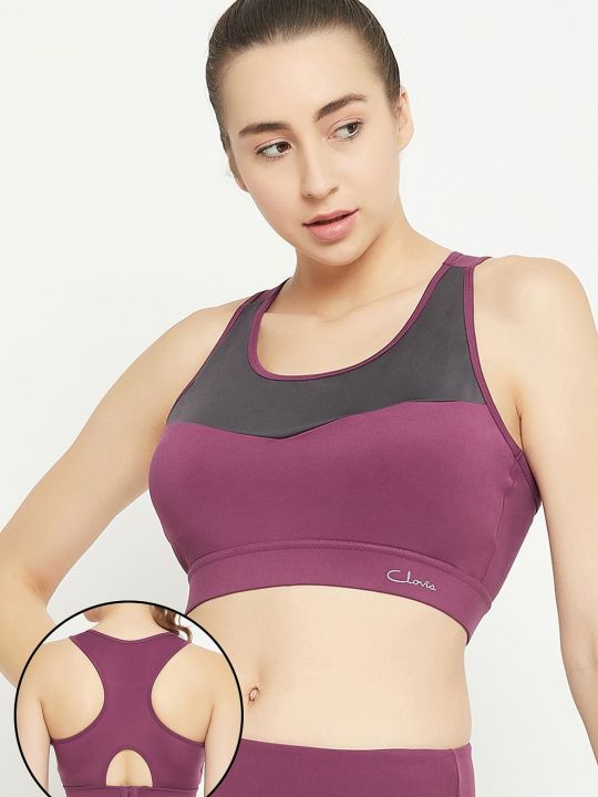 Medium Impact Padded Colourblocked Racerback Sports Bra in Purple