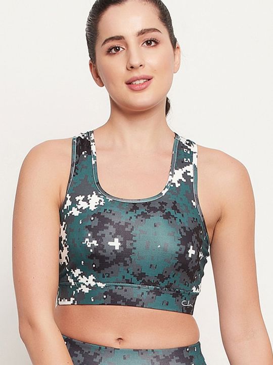 Medium Impact Padded Non-Wired Printed Sports Bra in Dark Green with Removable Cups