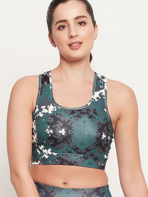 Medium Impact Padded Non-Wired Printed Sports Bra in Dark Green with Removable Cups