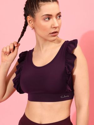Medium Impact Ruffled Padded Active Sports Bra in Plum Colour