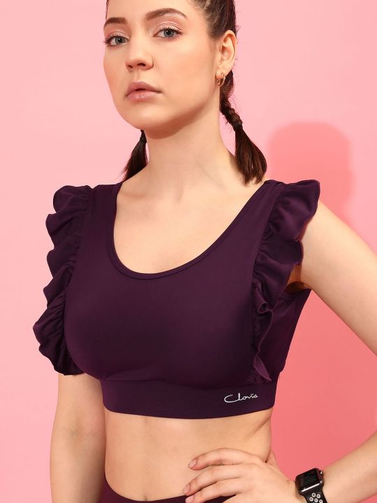 Medium Impact Ruffled Padded Active Sports Bra in Plum Colour