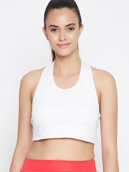 Padded Active Crop Top in White with Halter Neck