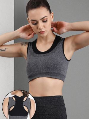 Padded Seamless Sports Bra with Racerback in Dark Grey