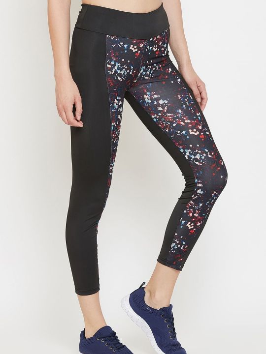 Snug Fit Active Ankle-Length Printed Tights in Black