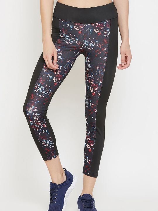Snug Fit Active Ankle-Length Printed Tights in Black