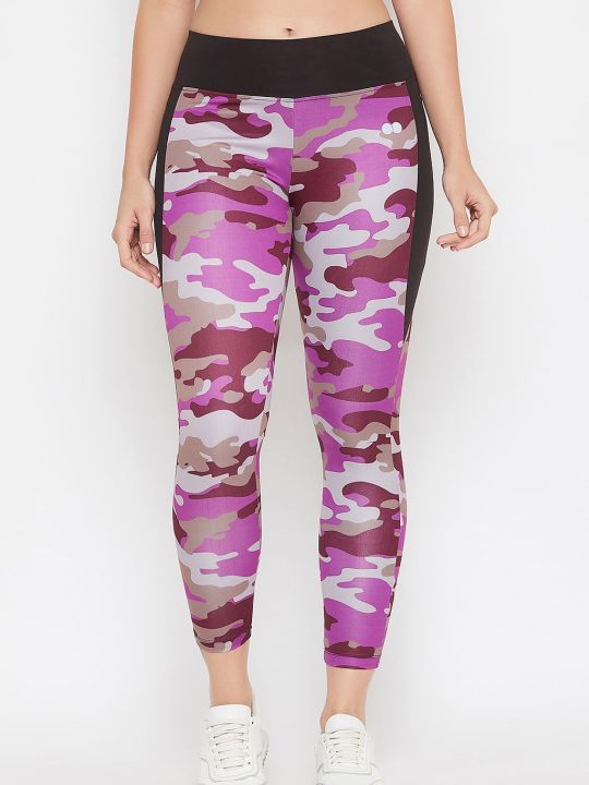 Snug Fit Active Camouflage Print Ankle-Length Tights in Purple