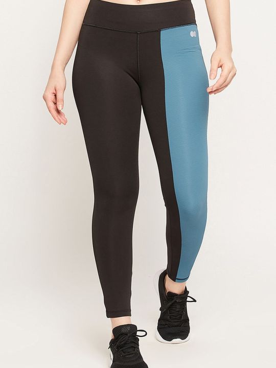 Snug Fit Active High-Rise Ankle-Length Colourblock Tights in Black