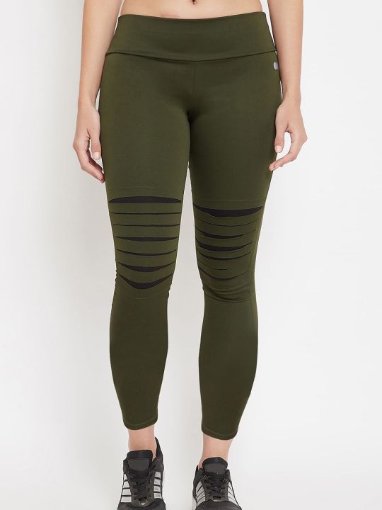 Snug Fit Active Ripped Tights in Olive Green