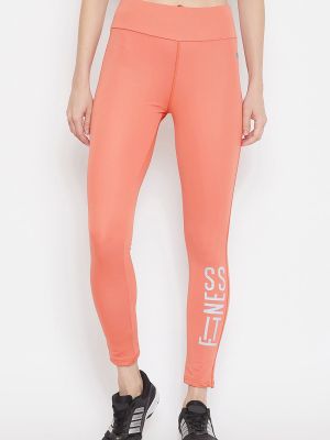Snug Fit Active Text-Print Ankle-Length Tights in Coral Orange