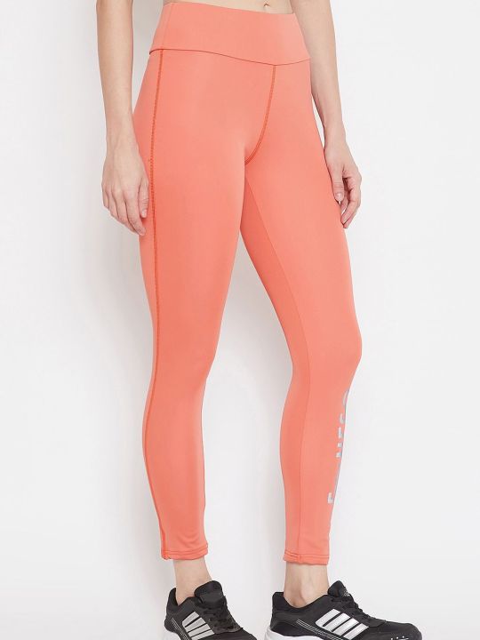 Snug Fit Active Text-Print Ankle-Length Tights in Coral Orange