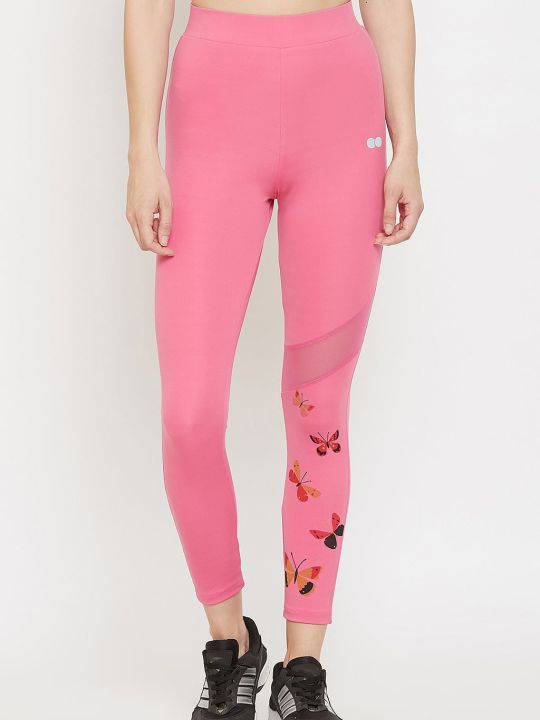 Snug Fit High-Rise Active Ankle-Length Butterfly Print Tights in Baby PinK