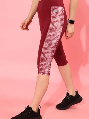 Snug Fit High-Rise Active Capri in Maroon with Printed Panels