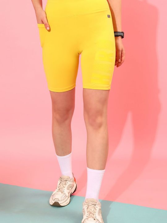 Snug Fit High-Rise Active Shorts in Yellow with Side Pocket