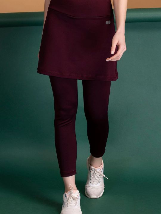 Snug-Fit High Rise Active Skirt with Attached Tights in Plum Colour
