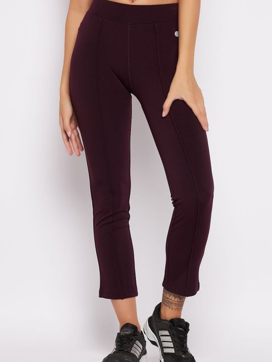 Snug Fit High-Rise Active Straight Pants in Plum Colour