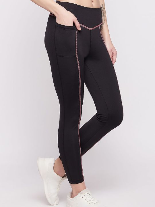 Snug Fit High Rise Active Tights in Black with Side Pocket
