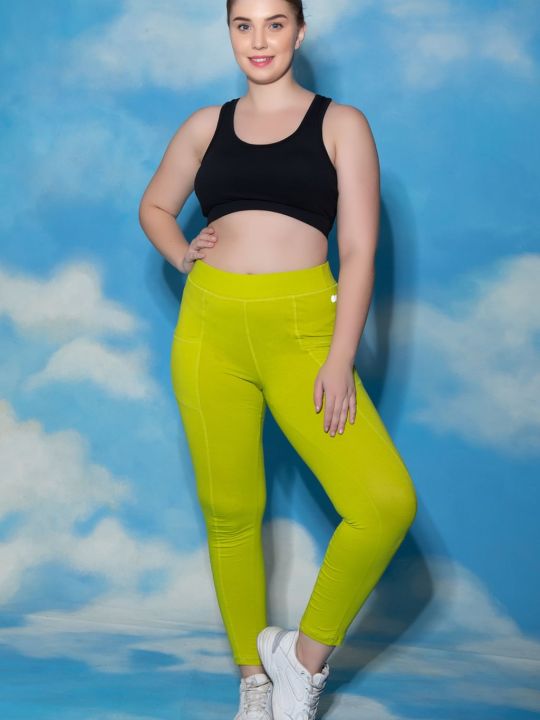 Snug Fit High Rise Active Tights in Lime Green with Insert Pockets