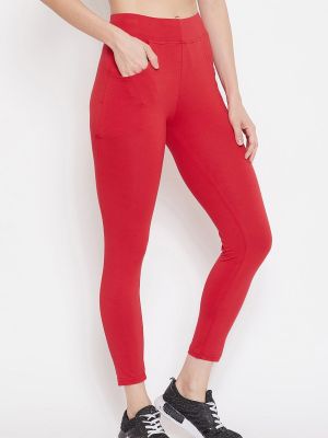 Snug Fit High Rise Active Tights in Red with Side Pockets