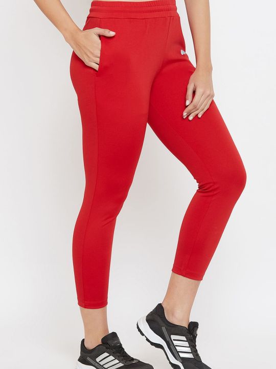 Snug Fit High Rise Active Tights in Red with Side Pockets
