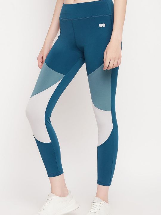 Snug Fit High-Rise Colourblocked Active Tights in Teal Blue