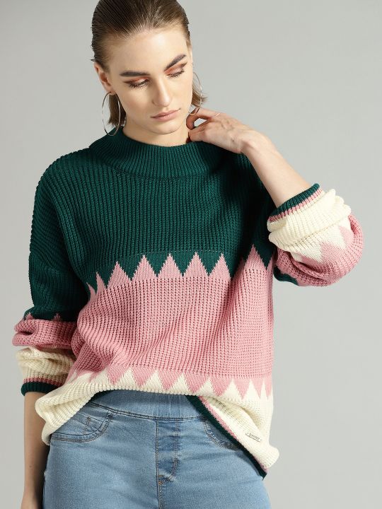The Lifestyle Co Women Green & Pink Colourblocked Sweater