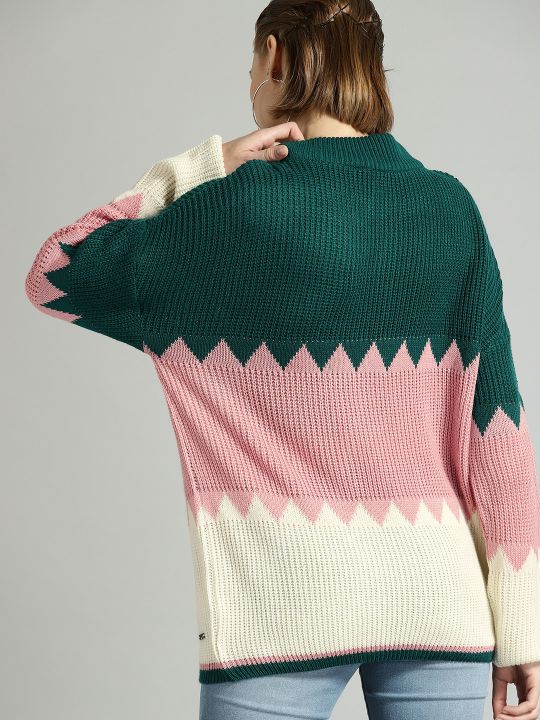 The Lifestyle Co Women Green & Pink Colourblocked Sweater